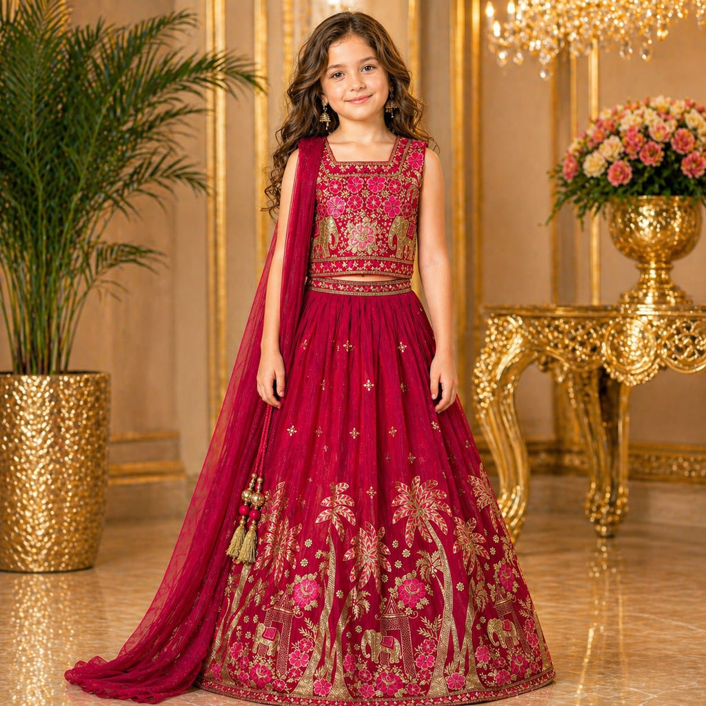 Rani Pink Embroidered Lehenga Set with Dupatta party wear dress for girls - Luxaura Kidswear