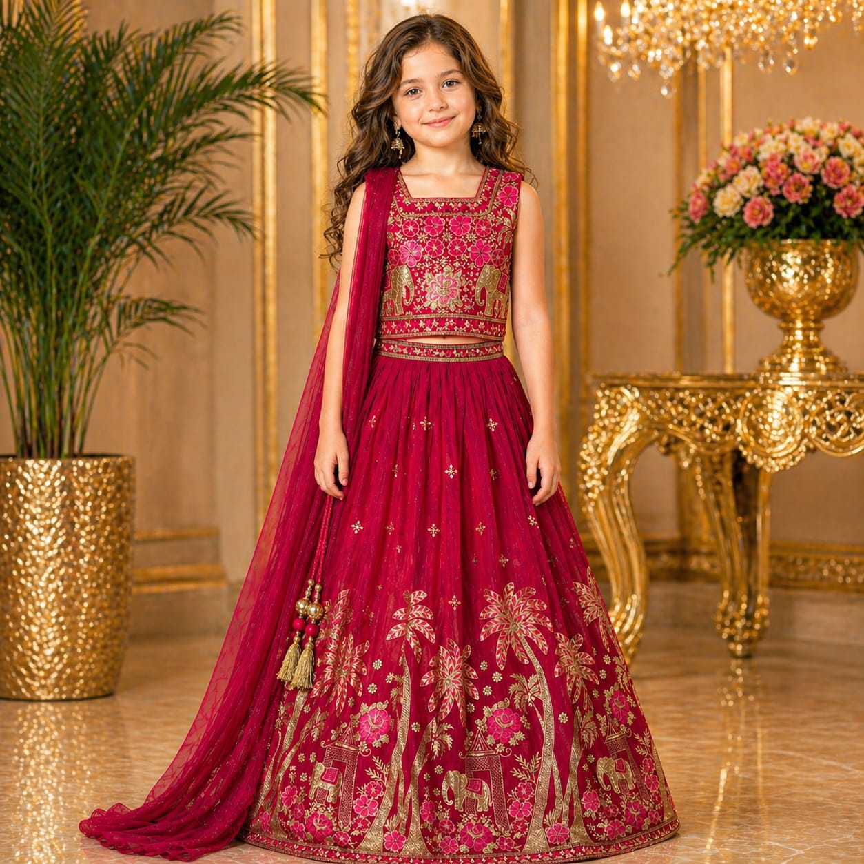 Rani Pink Embroidered Lehenga Set with Dupatta party wear dress for girls - Luxaura Kidswear