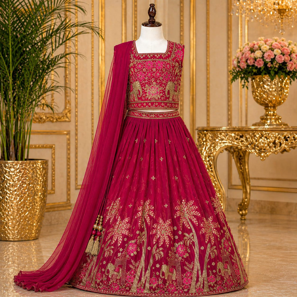 Rani Pink Embroidered Lehenga Set with Dupatta party wear dress for girls - Luxaura Kidswear