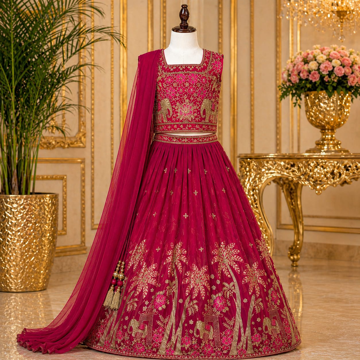 Rani Pink Embroidered Lehenga Set with Dupatta party wear dress for girls - Luxaura Kidswear