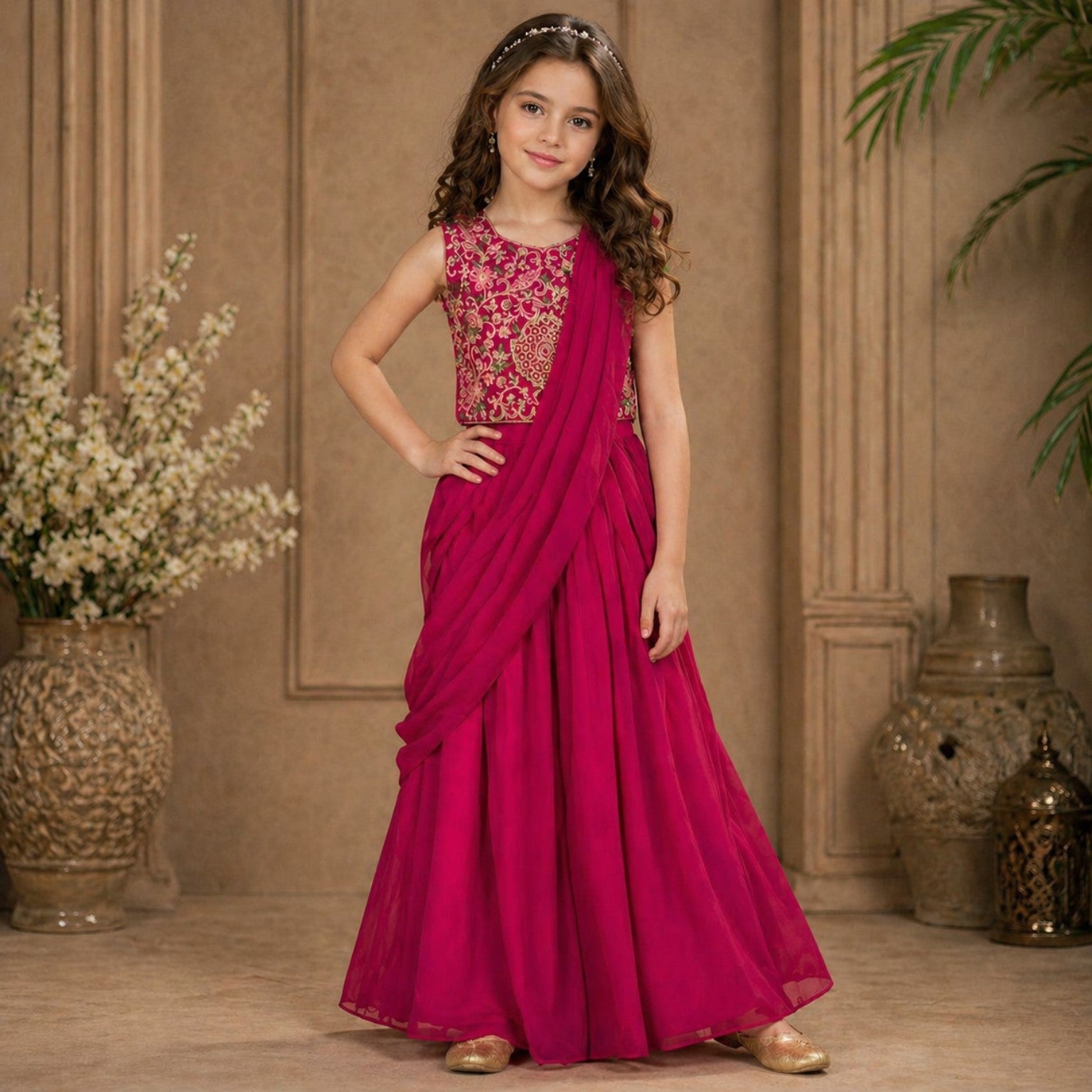 Rani Pink Embroidered Palazzo Set with Dupatta party wear dress for girls - Luxaura Kidswear