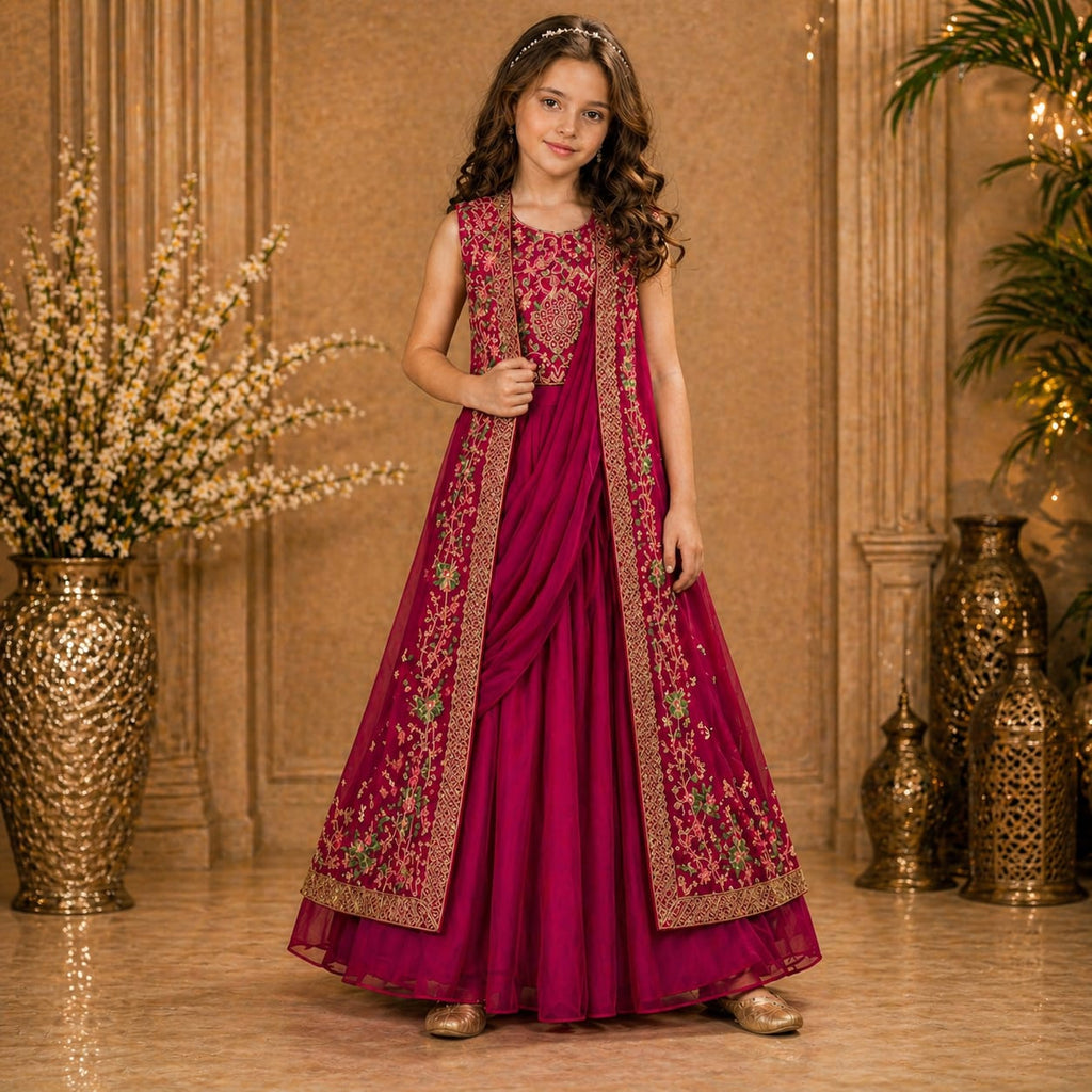 Rani Pink Embroidered Palazzo Set with Dupatta party wear dress for girls - Luxaura Kidswear
