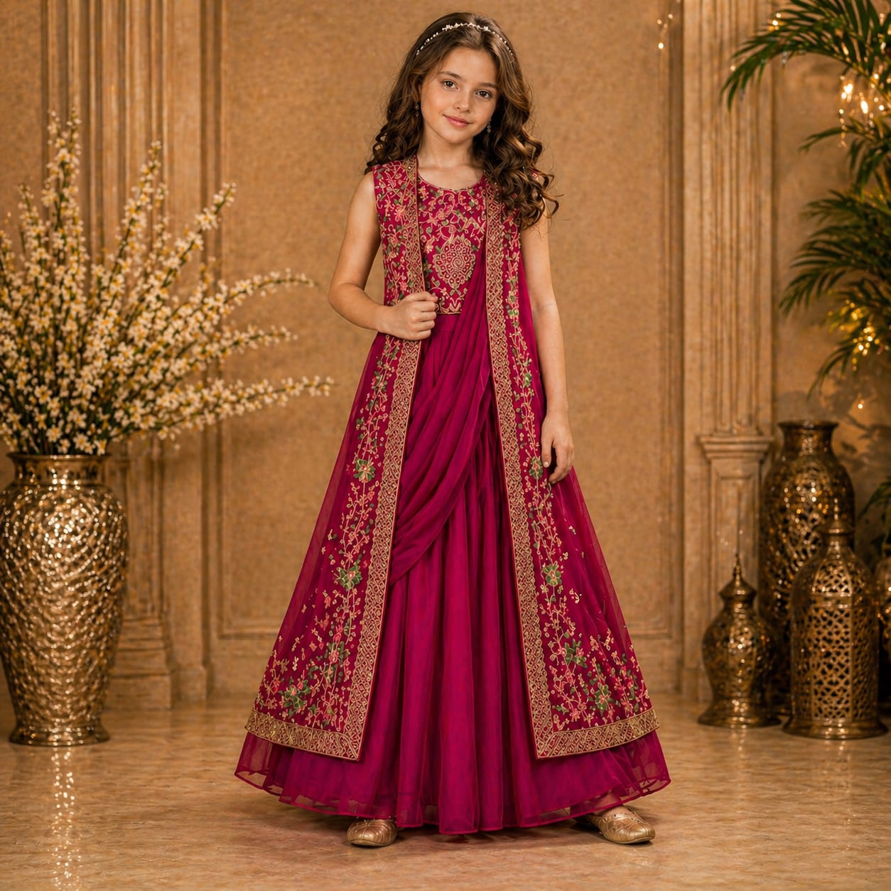 Rani Pink Embroidered Palazzo Set with Dupatta party wear dress for girls - Luxaura Kidswear
