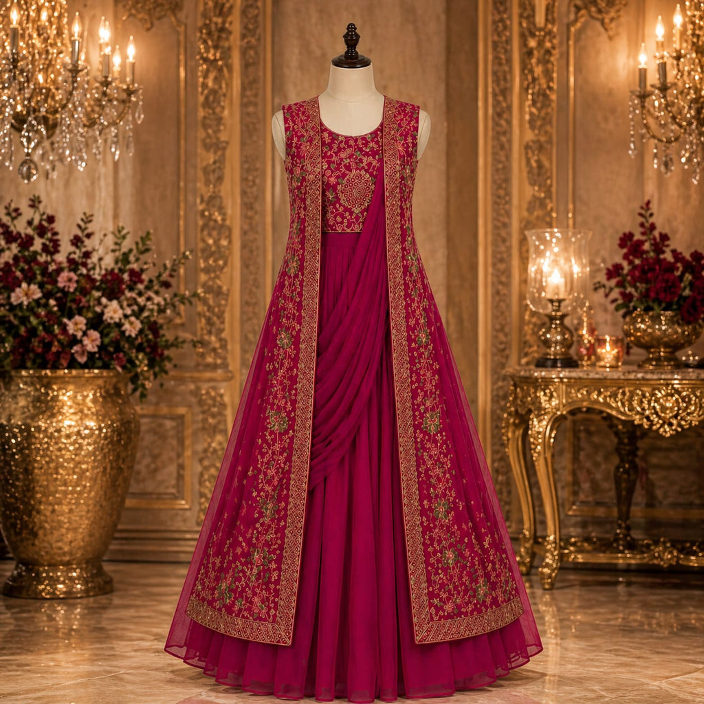 Rani Pink Embroidered Palazzo Set with Dupatta party wear dress for girls - Luxaura Kidswear