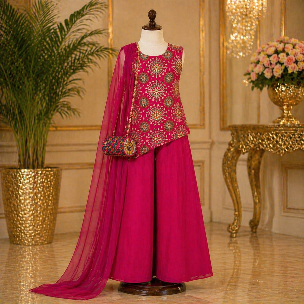 Rani Pink Embroidered Palazzo Set with Dupatta & Bag party wear dress for girls - Luxaura Kidswear