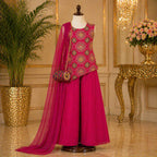 Rani Pink Embroidered Palazzo Set with Dupatta & Bag party wear dress for girls - Luxaura Kidswear
