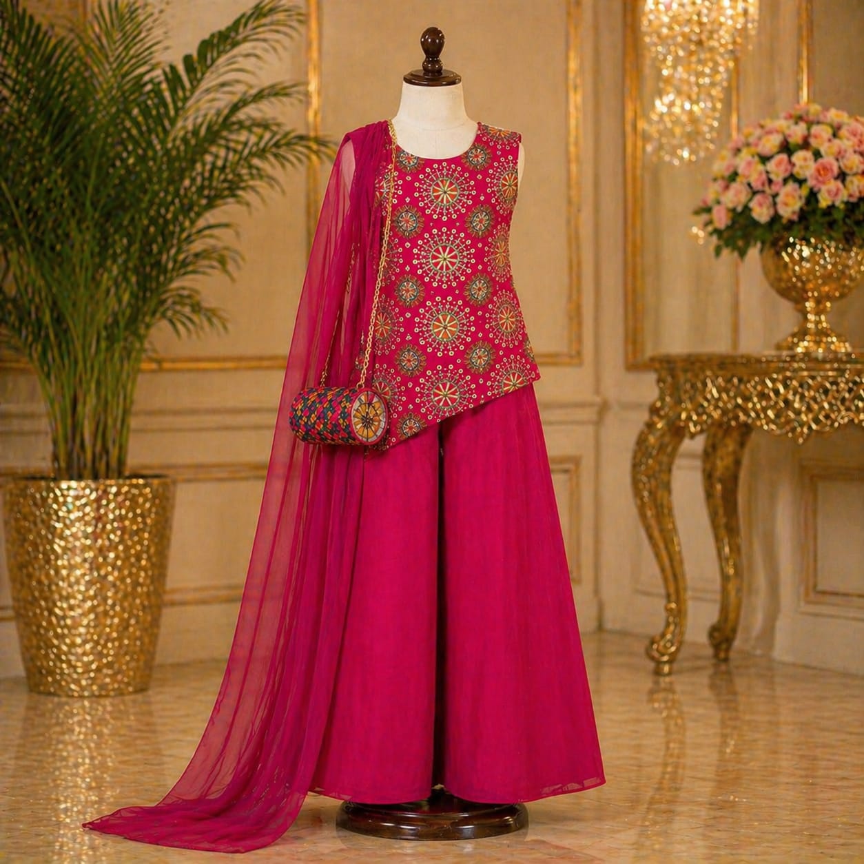 Rani Pink Embroidered Palazzo Set with Dupatta & Bag party wear dress for girls - Luxaura Kidswear