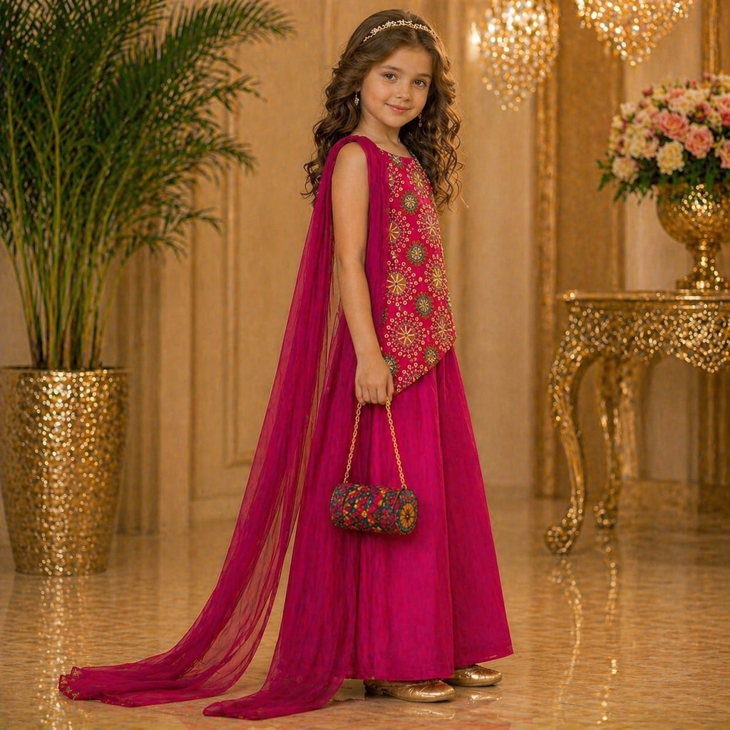 Rani Pink Embroidered Palazzo Set with Dupatta & Bag party wear dress for girls - Luxaura Kidswear