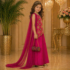 Rani Pink Embroidered Palazzo Set with Dupatta & Bag party wear dress for girls - Luxaura Kidswear