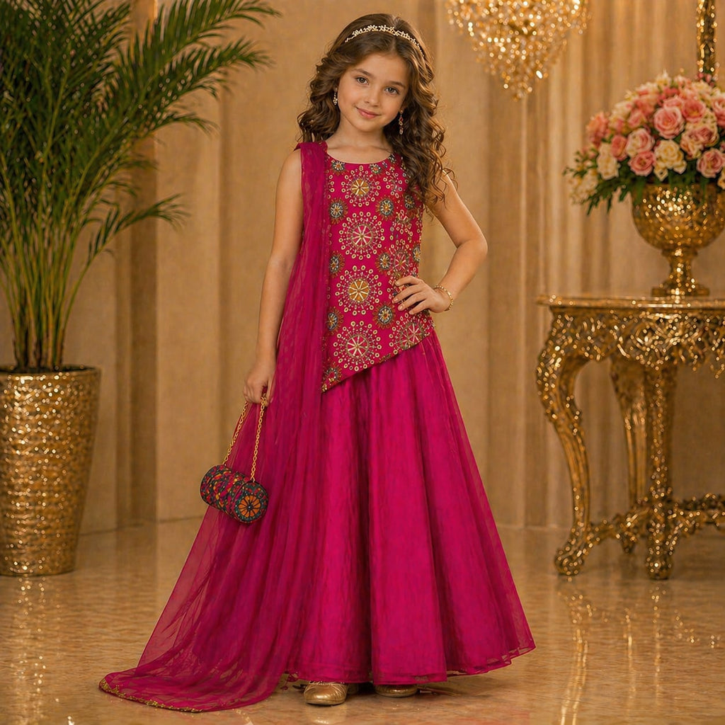 Rani Pink Embroidered Palazzo Set with Dupatta & Bag party wear dress for girls - Luxaura Kidswear