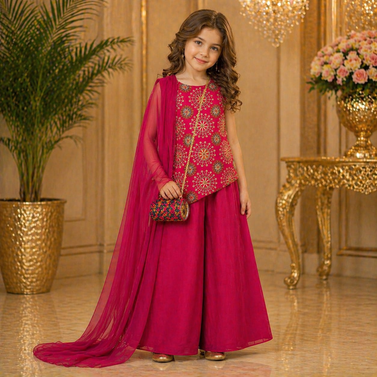 Rani Pink Embroidered Palazzo Set with Dupatta & Bag party wear dress for girls - Luxaura Kidswear