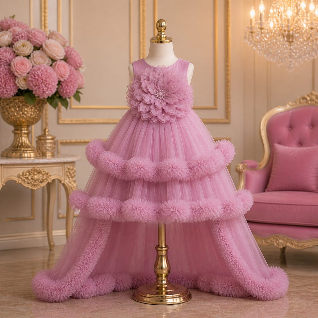 Rose Pink Princess Layered Luxury Party Dress party wear dress for girls - Luxaura Kidswear