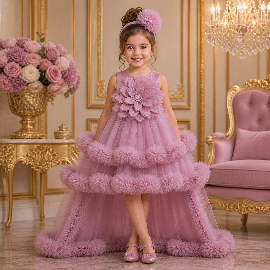 Rose Pink Princess Layered Luxury Party Dress party wear dress for girls - Luxaura Kidswear