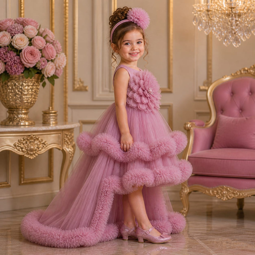 Rose Pink Princess Layered Luxury Party Dress party wear dress for girls - Luxaura Kidswear