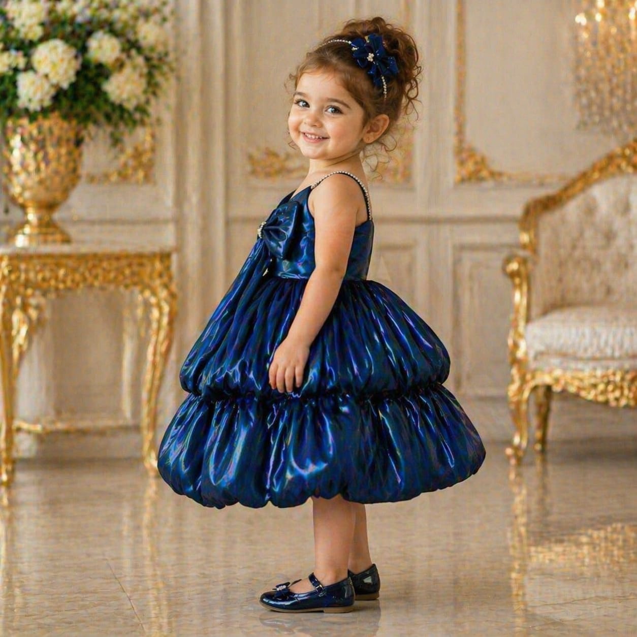 Royal Blue Satin Bow Party Dress party wear dress for girls - Luxaura Kidswear