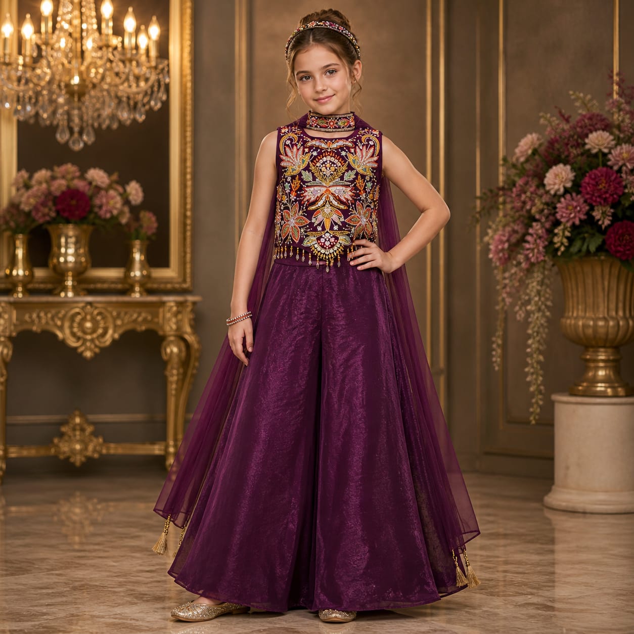 Royal Plum Embroidered Palazzo Set with Dupatta party wear dress for girls - Luxaura Kidswear