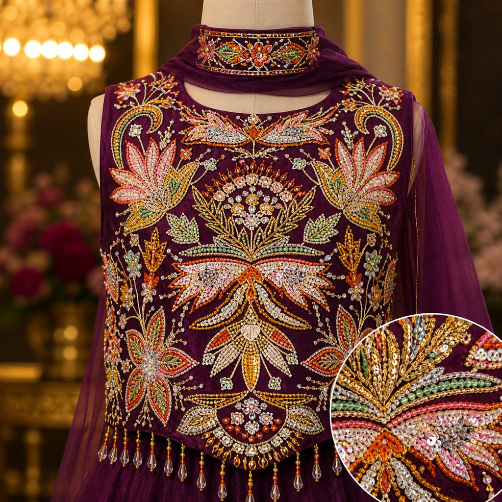 Royal Plum Embroidered Palazzo Set with Dupatta party wear dress for girls - Luxaura Kidswear