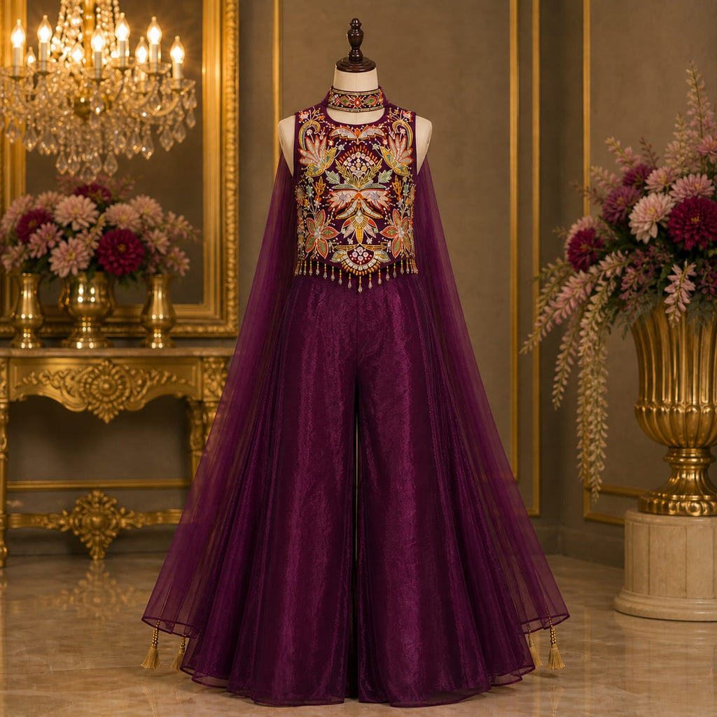 Royal Plum Embroidered Palazzo Set with Dupatta party wear dress for girls - Luxaura Kidswear