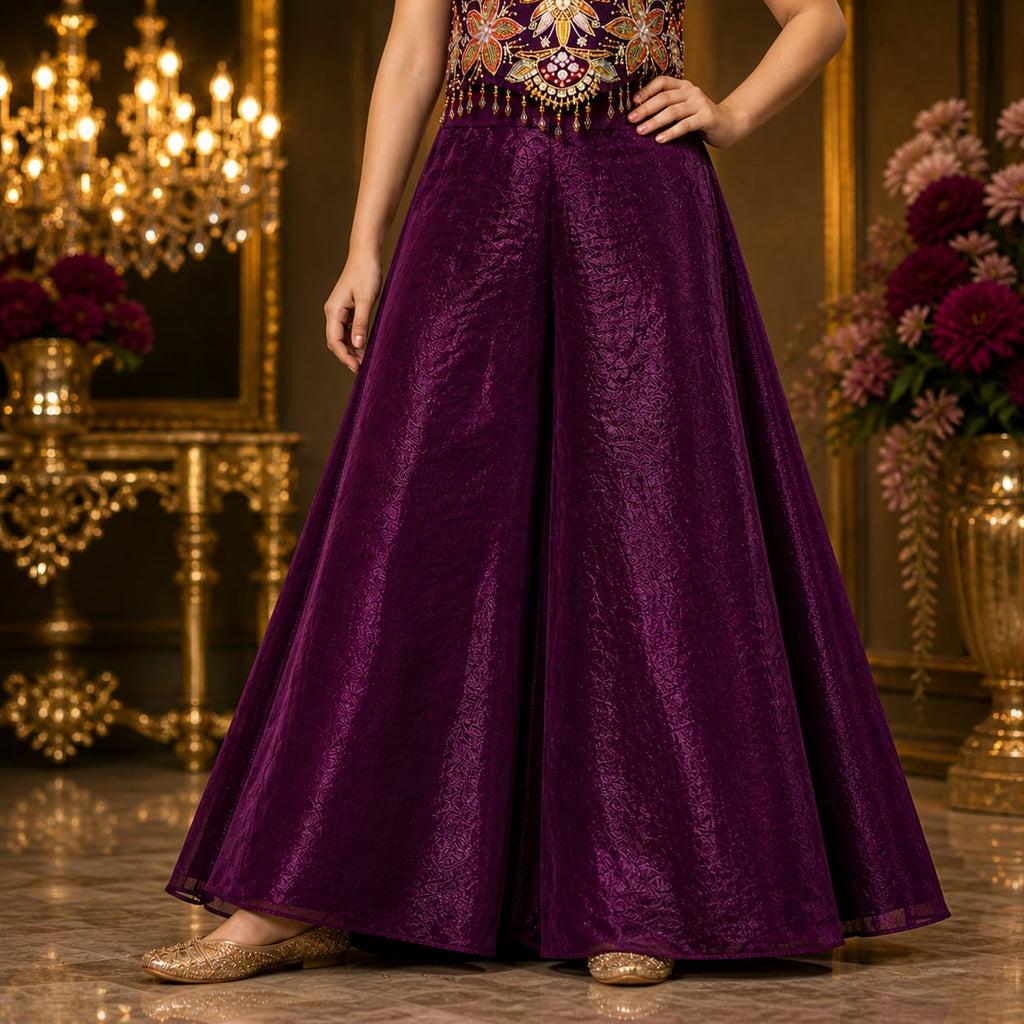 Royal Plum Embroidered Palazzo Set with Dupatta party wear dress for girls - Luxaura Kidswear