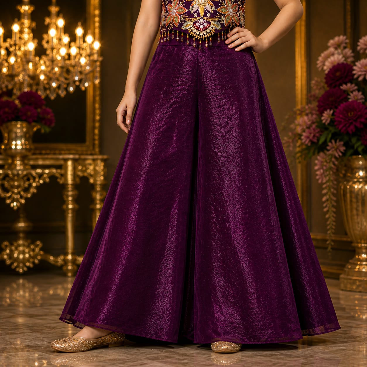 Royal Plum Embroidered Palazzo Set with Dupatta party wear dress for girls - Luxaura Kidswear