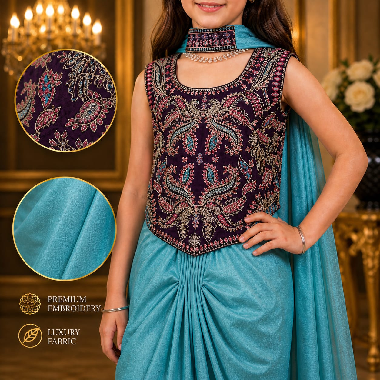 Royal Teal Embroidered Dhoti Lehenga Set for Girls | Imported Fabric party wear dress for girls - Luxaura Kidswear