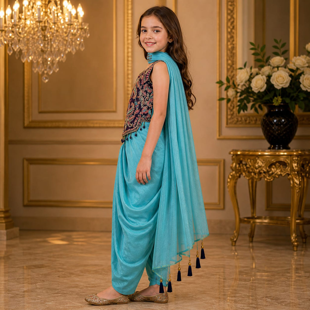 Royal Teal Embroidered Dhoti Lehenga Set for Girls | Imported Fabric party wear dress for girls - Luxaura Kidswear