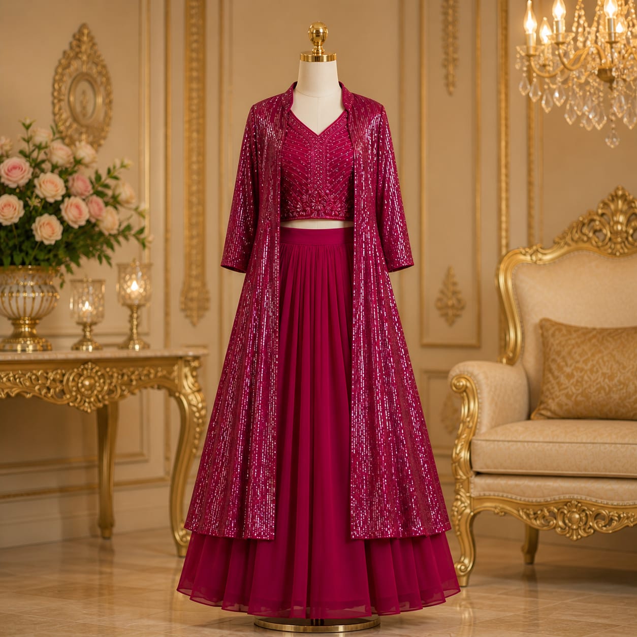 Ruby Wine Premium Sequin Cape Lehenga Set party wear dress for girls - Luxaura Kidswear