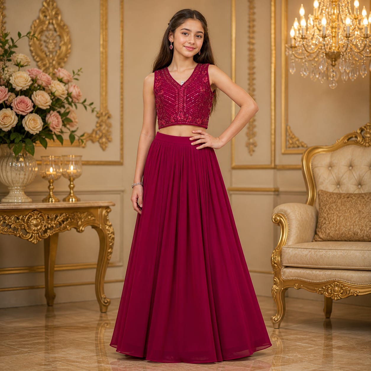 Ruby Wine Premium Sequin Cape Lehenga Set party wear dress for girls - Luxaura Kidswear