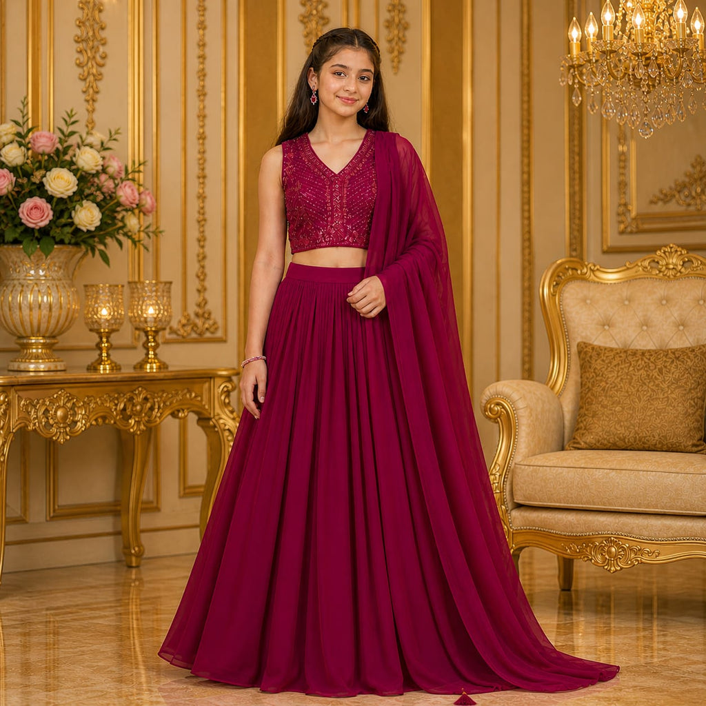 Ruby Wine Premium Sequin Cape Lehenga Set party wear dress for girls - Luxaura Kidswear