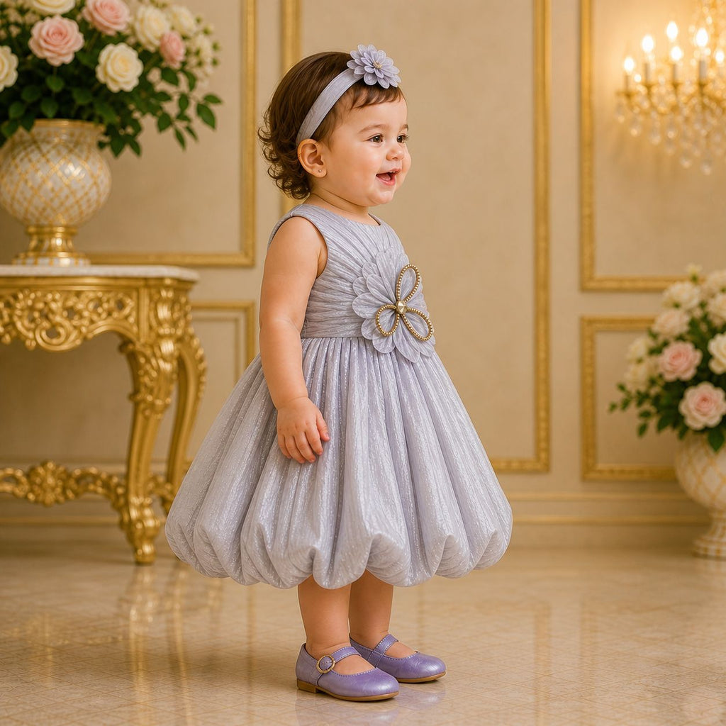Silver Blossom Luxury Party Dress for Girls with Matching Accessories party wear dress for girls - Luxaura Kidswear