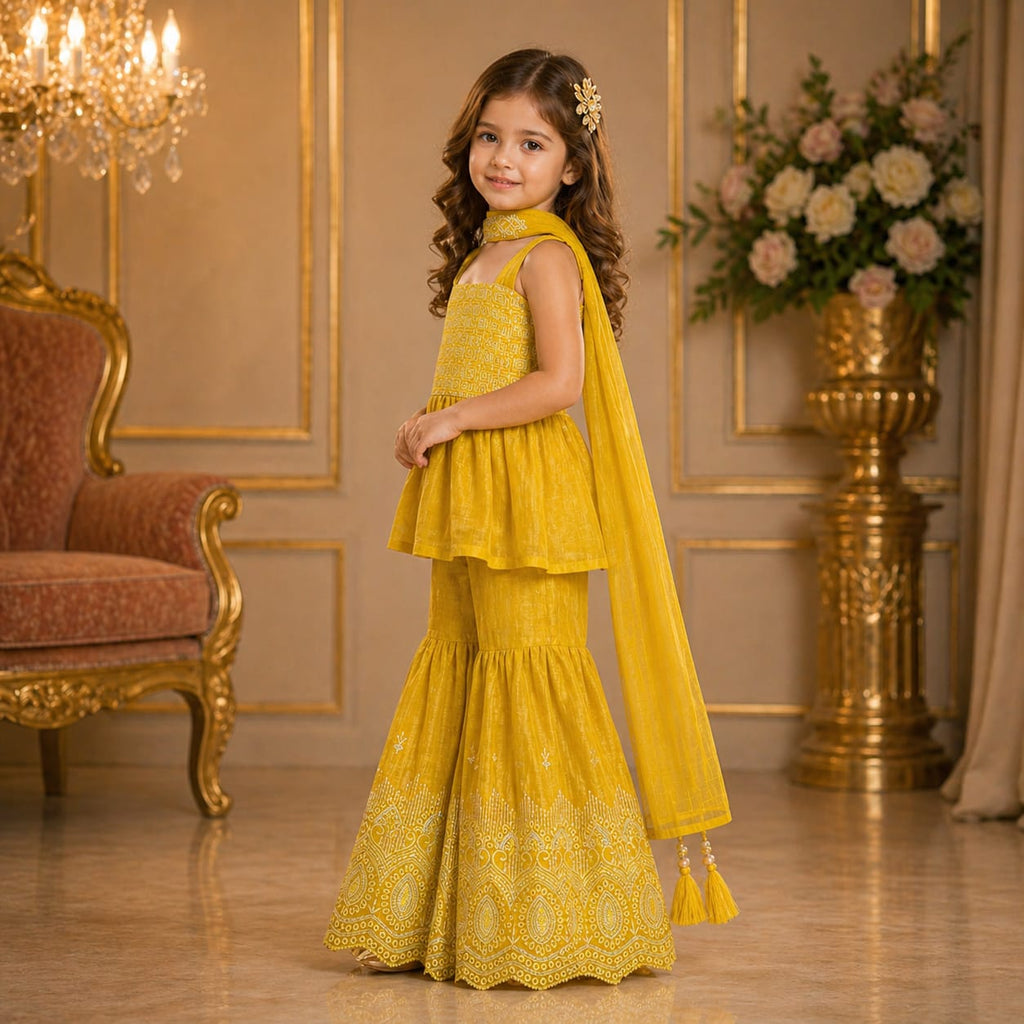 Sunshine Yellow Embroidered Palazzo Set with Dupatta party wear dress for girls - Luxaura Kidswear
