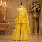 Sunshine Yellow Embroidered Palazzo Set with Dupatta party wear dress for girls - Luxaura Kidswear