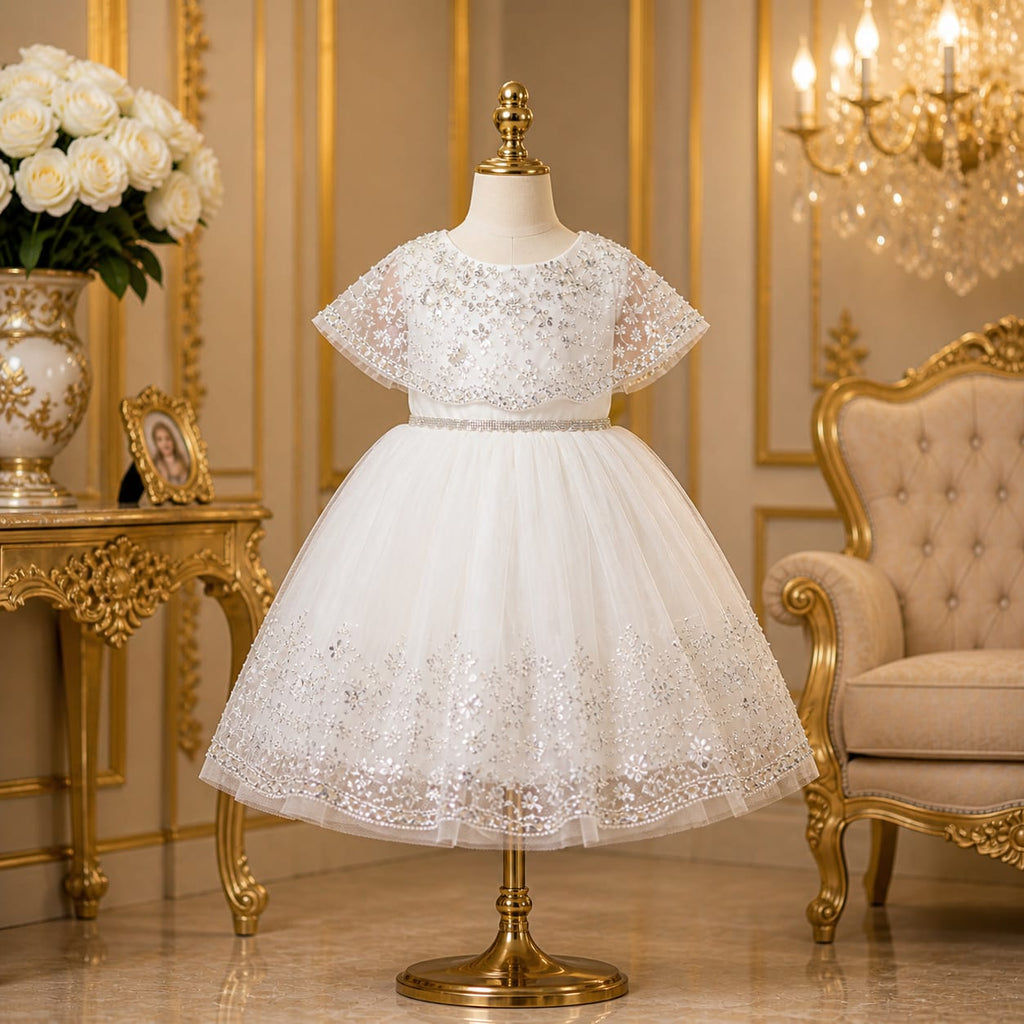 White Pearl Embroidered Luxury Party Dress for Girls party wear dress for girls - Luxaura Kidswear