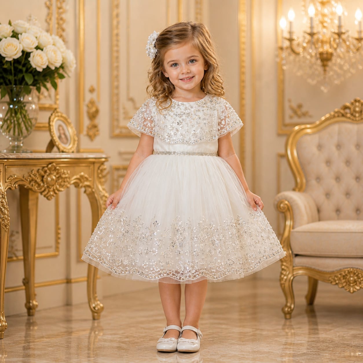 White Pearl Embroidered Luxury Party Dress for Girls party wear dress for girls - Luxaura Kidswear