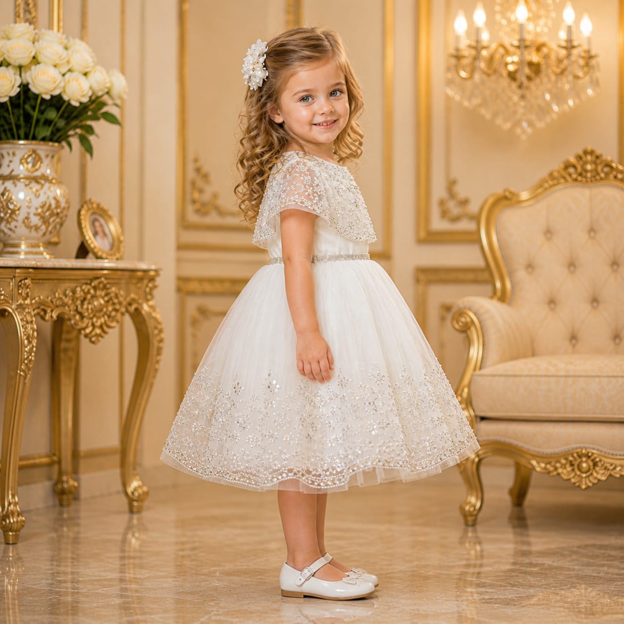 White Pearl Embroidered Luxury Party Dress for Girls party wear dress for girls - Luxaura Kidswear