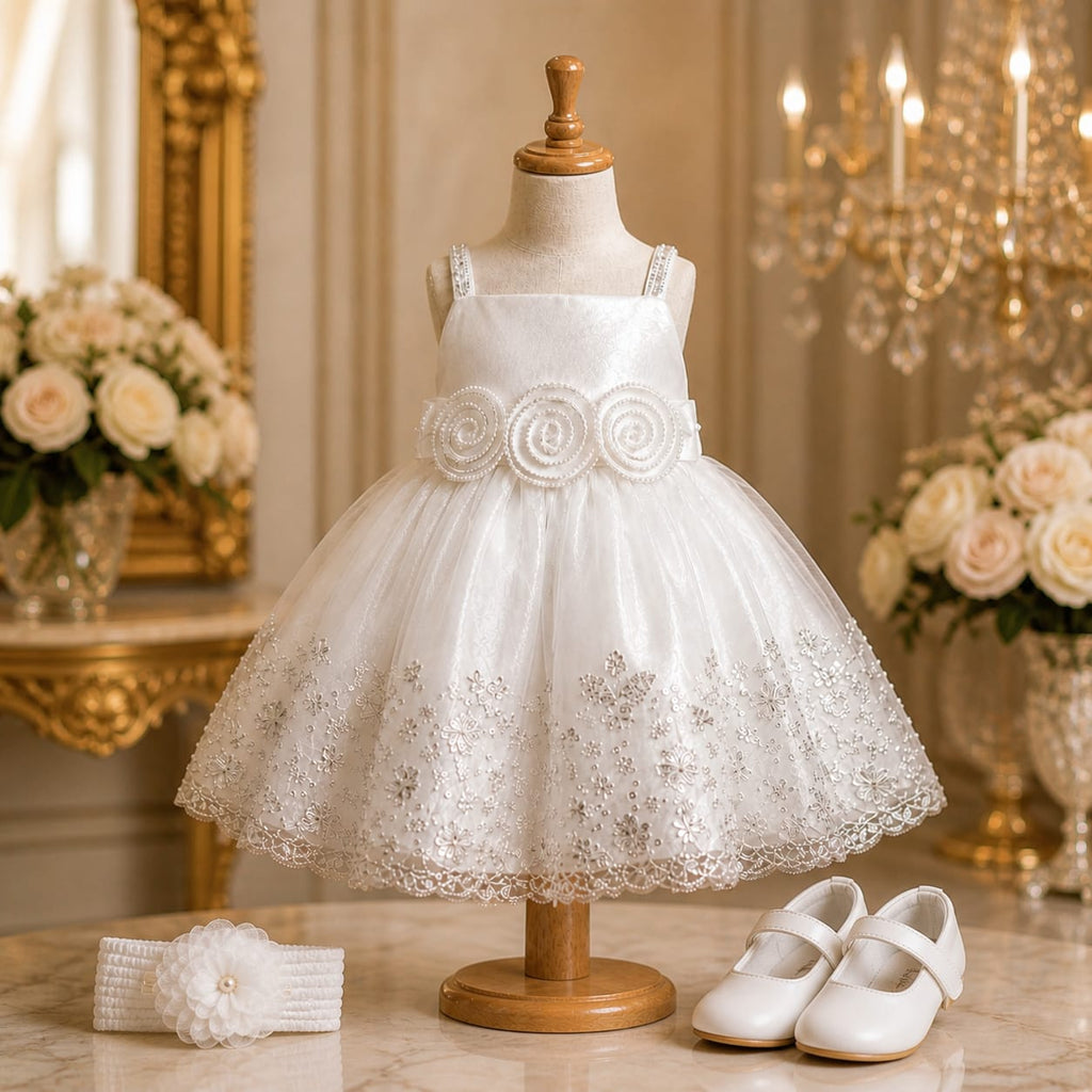 White Sparkle Party Dress with matching accessories party wear dress for girls - Luxaura Kidswear