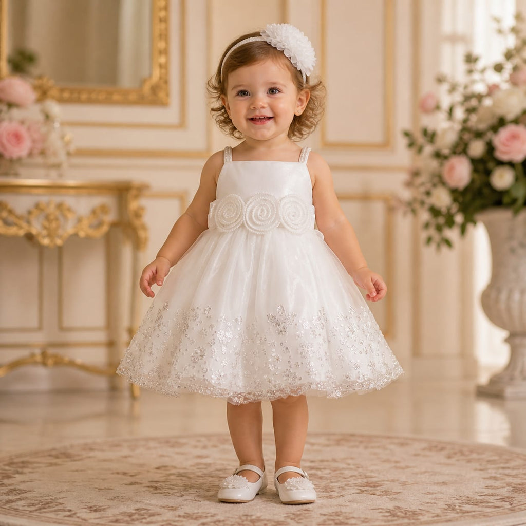 White Sparkle Party Dress with matching accessories party wear dress for girls - Luxaura Kidswear
